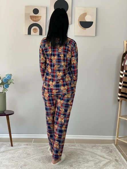 Kadın Teddy Bear Ayıcık Desenli Süet Düğmeli Pijama Takımı (Lacivert-Kırmızı) - Resim 6