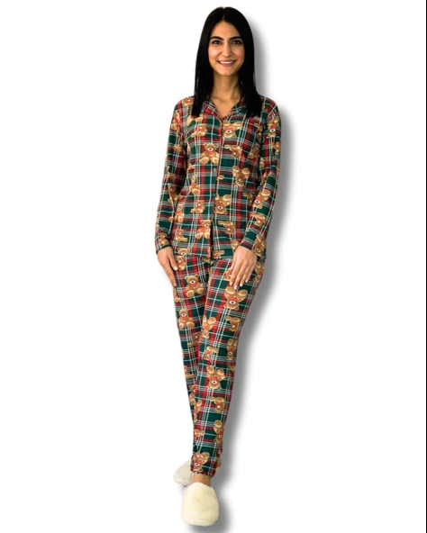Kadın Teddy Bear Ayıcık Desenli Süet Düğmeli Pijama Takımı (Yeşil-Kırmızı)