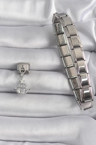 MuI MuI 316L Çelik Gümüş Renk Sallantı Zirkon Taşlı Küre Model Yıldız Detay Nomination Charm - Resim 2