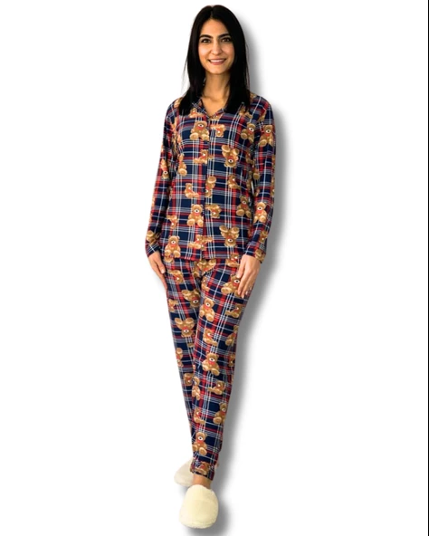 Kadın Teddy Bear Ayıcık Desenli Süet Düğmeli Pijama Takımı (Lacivert-Kırmızı)
