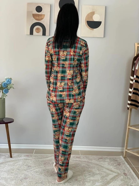 Kadın Teddy Bear Ayıcık Desenli Süet Düğmeli Pijama Takımı (Yeşil-Kırmızı) - 6