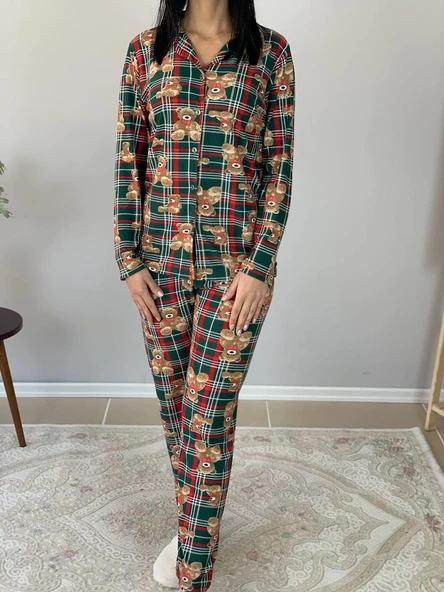 Kadın Teddy Bear Ayıcık Desenli Süet Düğmeli Pijama Takımı (Yeşil-Kırmızı) - 5