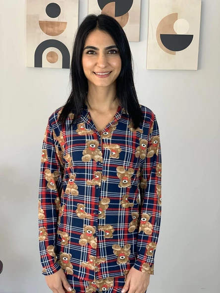 Kadın Teddy Bear Ayıcık Desenli Süet Düğmeli Pijama Takımı (Lacivert-Kırmızı) - Resim 5