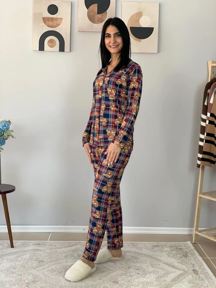 Kadın Teddy Bear Ayıcık Desenli Süet Düğmeli Pijama Takımı (Lacivert-Kırmızı) - Resim 3