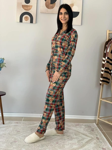 Kadın Teddy Bear Ayıcık Desenli Süet Düğmeli Pijama Takımı (Yeşil-Kırmızı) - 4