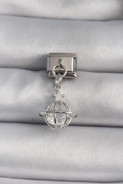 MuI MuI 316L Çelik Gümüş Renk Sallantı Zirkon Taşlı Küre Model Yıldız Detay Nomination Charm ürün görseli 1