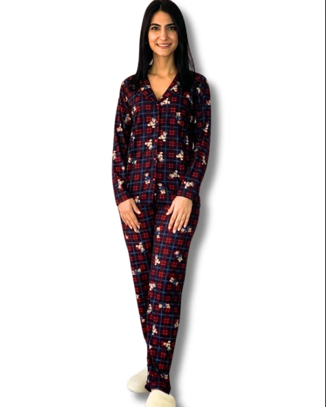 Kadın Teddy Bear Ayıcık Desenli Süet Düğmeli Pijama Takımı (Kırmızı-Lacivert) ürün görseli