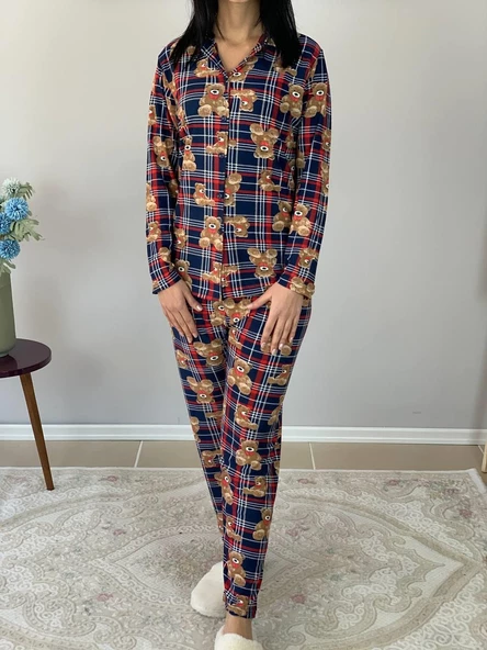 Kadın Teddy Bear Ayıcık Desenli Süet Düğmeli Pijama Takımı (Lacivert-Kırmızı) - Resim 4