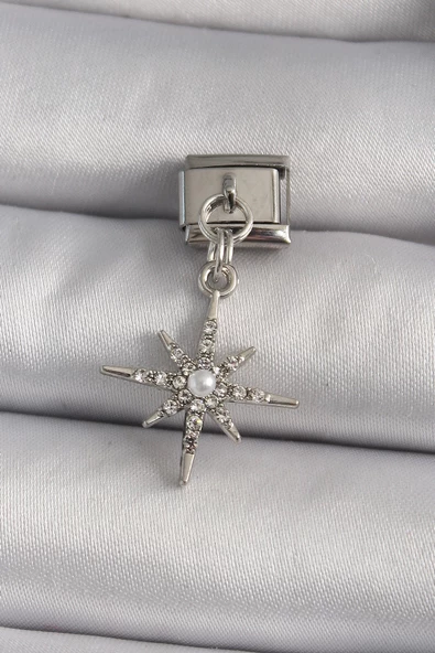MuI MuI 316L Çelik Gümüş Renk Sallantı Zirkon Taşlı Kutup Yıldız Model İnci Detay Nomination Charm