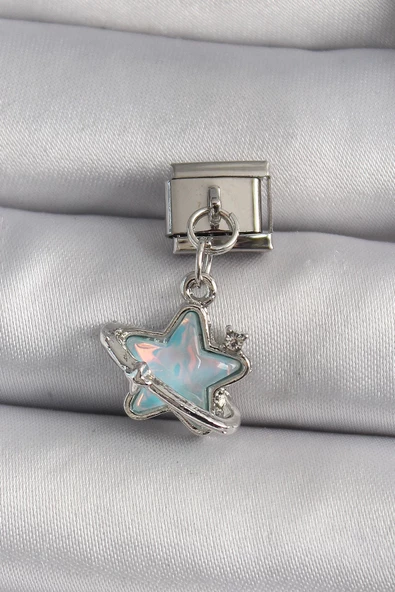 MuI MuI 316L Çelik Gümüş Renk Sallantı Mavi Sedefli Yıldız Model Zirkon Taş Detay Nomination Charm