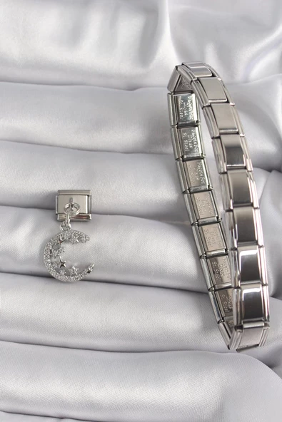 MuI MuI 316L Çelik Gümüş Renk Sallantı Zirkon Taşlı Hilal Model Yıldız Detay Nomination Charm - Resim 2