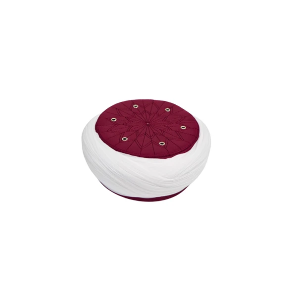 SARIKHANE Talebe Sarığı-Beyaz Kumaş-Bordo Takke-Çapraz Sarım-Kuş Gözlü-7 metre