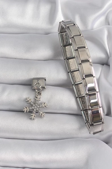 MuI MuI 316L Çelik Gümüş Renk Sallantı Zirkon Taşlı Kar Tanesi Model Nomination Charm - Resim 2