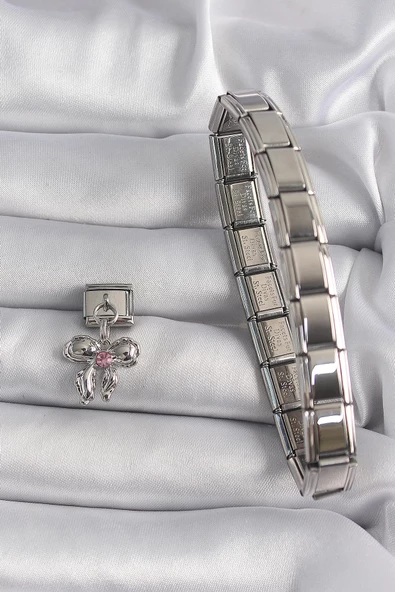 MuI MuI 316L Çelik Gümüş Renk Sallantı Zirkon Taşlı Fiyonk Model Nomination Charm - 2