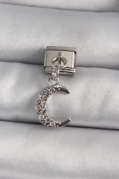 MuI MuI 316L Çelik Gümüş Renk Sallantı Zirkon Taşlı Hilal Model Nomination Charm