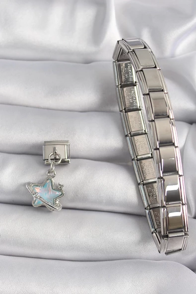 MuI MuI 316L Çelik Gümüş Renk Sallantı Mavi Sedefli Yıldız Model Zirkon Taş Detay Nomination Charm - 2