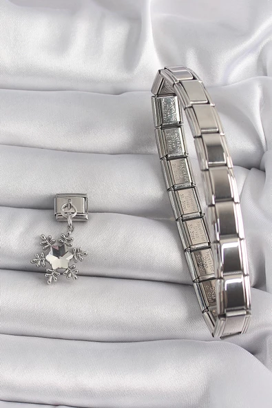 MuI MuI 316L Çelik Gümüş Renk Zirkon Taşlı Kar Tanesi Model Nomination Charm - Resim 2