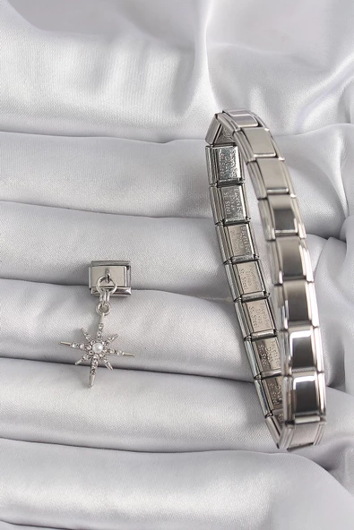 MuI MuI 316L Çelik Gümüş Renk Sallantı Zirkon Taşlı Kutup Yıldız Model İnci Detay Nomination Charm - 2