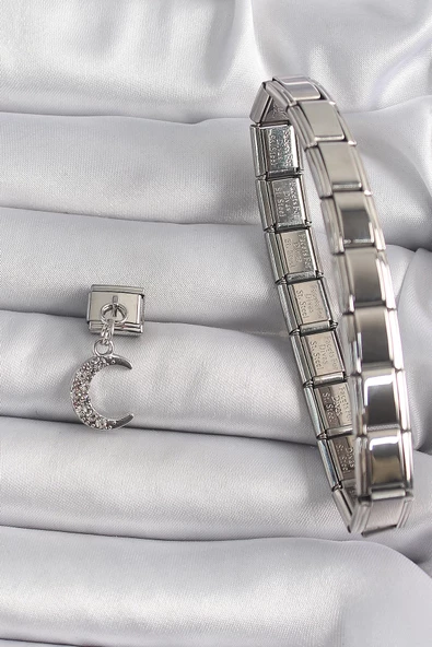 MuI MuI 316L Çelik Gümüş Renk Sallantı Zirkon Taşlı Hilal Model Nomination Charm - 2