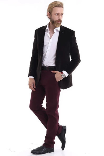 Erkek Kadife Slimfit Ceket Kahve Kendinden Desenli ( Outlet ) - 4