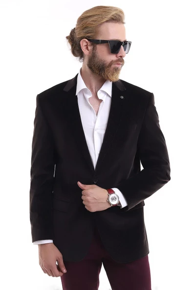 Erkek Kadife Slimfit Ceket Kahve Kendinden Desenli ( Outlet ) - 3