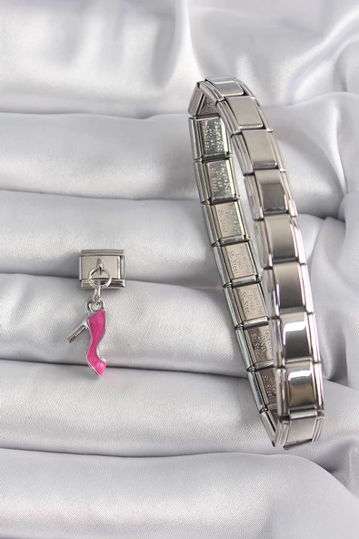 316L Çelik Gümüş Renk Sallantı Pembe Topuklu Ayakkabı Model Nomination Charm - TJ-BC1159 - Resim 2