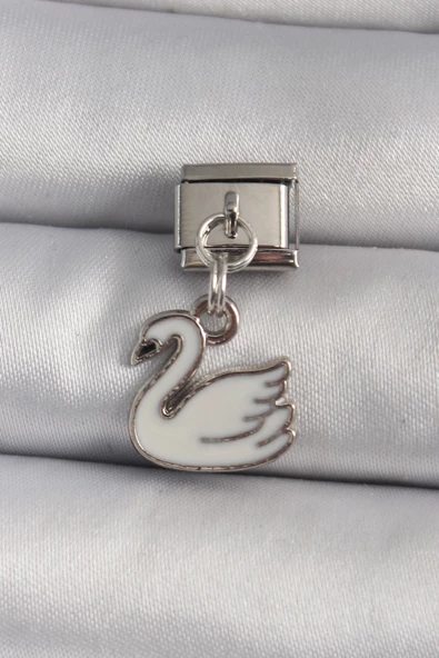 316L Çelik Gümüş Renk Sallantı Beyaz Kuğu Model Nomination Charm - TJ-BC1160