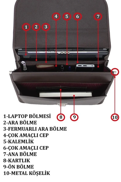 Case Club 2002 Erkek El Çantası 15.6'İnç Laptop Evrak 5 Bölmeli Su Geçirmez  Omuz Askılı - 12