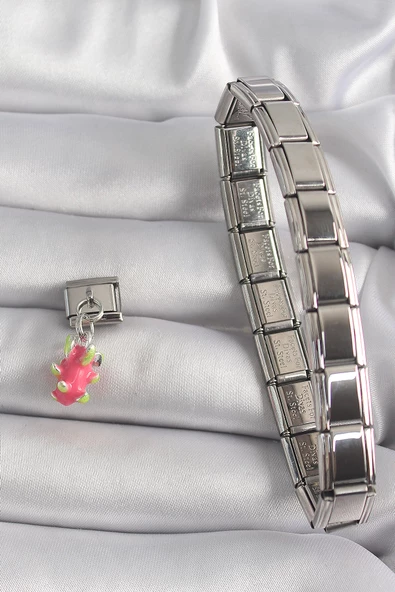 316L Çelik Gümüş Renk Sallantı Ejder Meyvesi Model Nomination Charm - TJ-BC1175 - 2