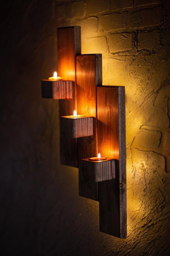 Dekoratif Duvar Süsü Doğal Ahşap Mumluk Hediyelik LED Işıklı Duvar Süsü D-4 - 2