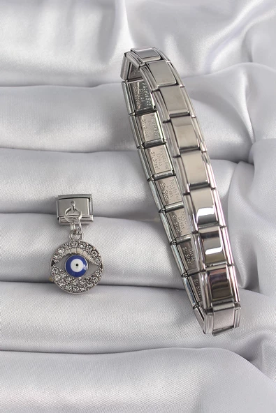 316L Çelik Gümüş Renk Sallantı Zirkon Taşlı Göz Model Nazar Boncuk Detay Nomination Charm - TJ-BC1121 - Resim 2