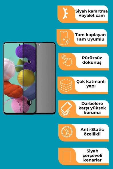 Samsung Galaxy A54 Uyumlu Tam Kaplayan Hayalet Cam Siyah Karartma Ekran Koruyucu Cam Anti-Static Özellikli Siyah Çerçeveli - Resim 2