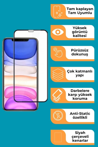 iPhone 11 Pro Max Uyumlu Tam Kaplayan Premium Ekran Koruyucu Cam Anti-Static Özellikli Siyah Çerçeveli - Resim 2