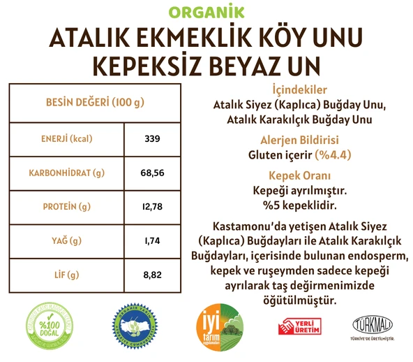 Taş Değirmenden Organik Organik Atalık Ekmeklik Köy Unu - Kepeksiz Beyaz Un - 20 Kilo - Resim 2