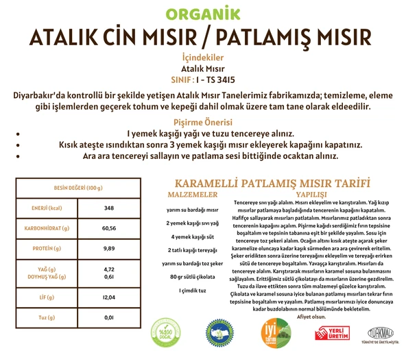 Taş Değirmenden Organik Atalık Cin Mısır / Patlamış Mısır - 500 Gram - Resim 2
