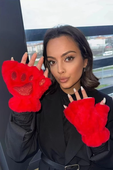 Mars Baby Parmaksız Patili Simli Kırmızı Peluş Eldiven - 2