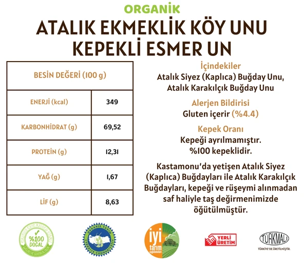 Taş Değirmenden Organik Organik Atalık Ekmeklik Köy Unu - Kepekli Esmer Un - 10 Kilo - Resim 2