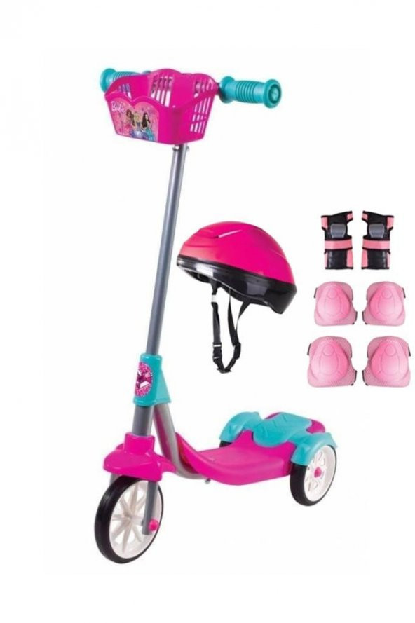 Linda 3 Tekerlekli Frenli Kız Çocuk Scooter Pembe Kask Dizlik Seti Dahil