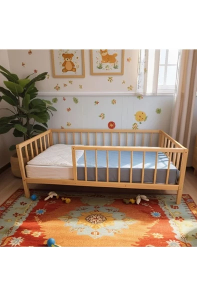 Pinoxi Masif Ahşap Naturel Karyola Çocuk Yatağı Ayaklı 90Cm x 190Cm Doğal Ahşap Natural - Resim 3