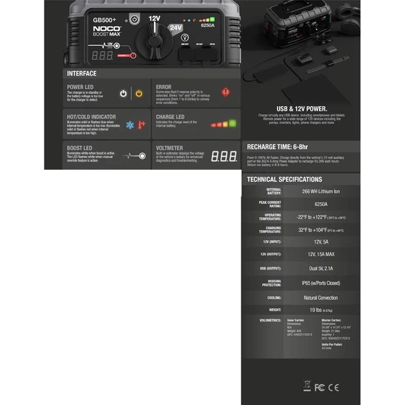 Noco Genius GB500 12/24V 6250 Amper Lityum Akü Takviye + Powerbank + Led Lamba - 9