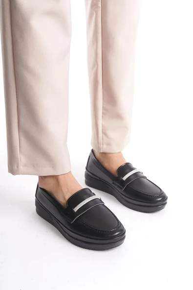Kadın Önü Parlak Taş Detaylı Rahat Taban Günlük Ayakkabı Loafer - 2