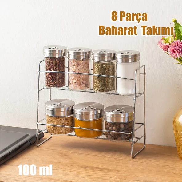 Porsima 13810 Silva Metal Standlı Baharatlık 8 Parça Cam Baharat Takımı 2 Katlı