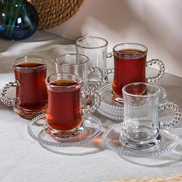 Porsima Pearl-Gırona 6 Kişilik 12 Parça Boncuklu Cam Çay Takımı 110ml Çay Seti - 2
