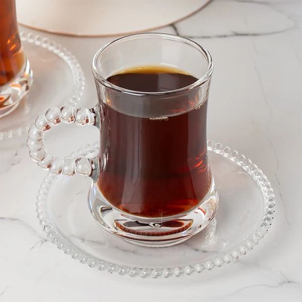 Porsima Pearl-Gırona 6 Kişilik 12 Parça Boncuklu Cam Çay Takımı 110ml Çay Seti - 5
