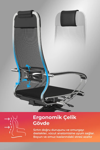Samurai Ergonomik Koltuk | Bel Destekli, Tekerlekli, Krom Ayaklı, Siyah, Fileli Yönetici Koltuğu -5.2.1.49 - 2