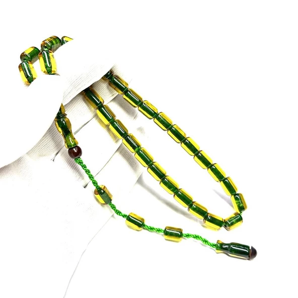 Şükrü Baba Usta İşi Sistemli Kesme Model 7-10mm Sarı Renk İp Yolları Yeşil Sıkma Ateş Kehribar Tesbih ürün görseli