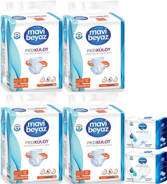 Mavi Beyaz Ped Emici Külot Hasta Bezi XL-Ekstra Büyük 120 Adet + Yatak Koruyucu Örtü 60*90CM 60Adet