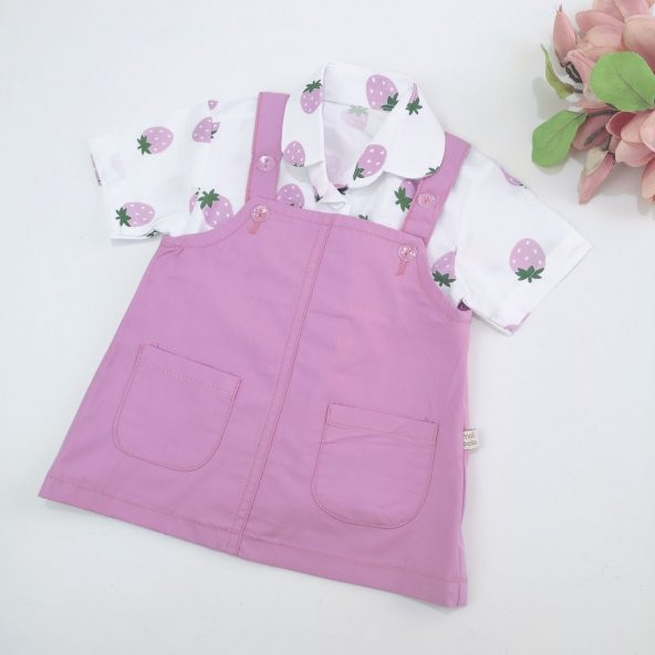 Gabardin Askılı Jile Kısa Kollu Çilek Baskılı Gömlek 2li Kız Bebek Takım