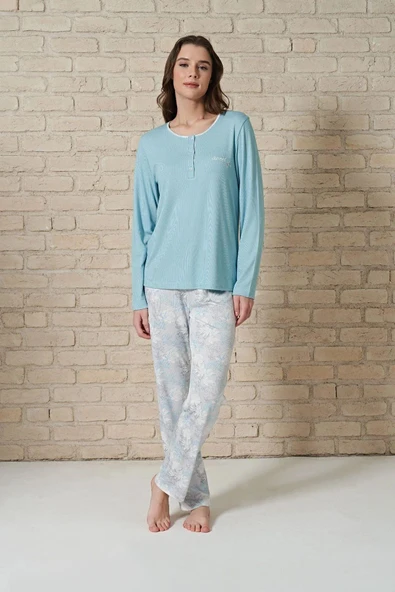 Pijadore 1722 Büyük Beden Kadın Düğmeli Uzun Kol Pijama Takım - 2