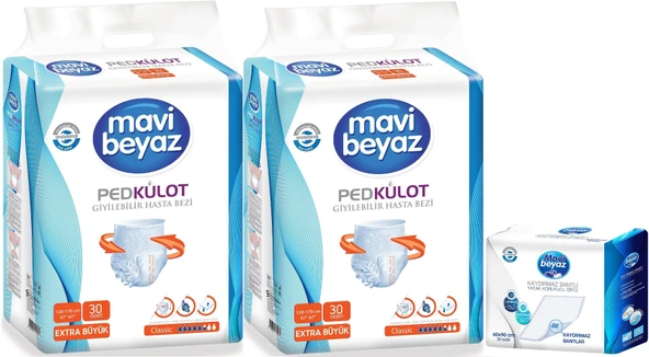 Mavi Beyaz Ped Emici Külot Hasta Bezi XL-Ekstra Büyük 60 Adet + Yatak Koruyucu Örtü 60*90CM 30 Adet